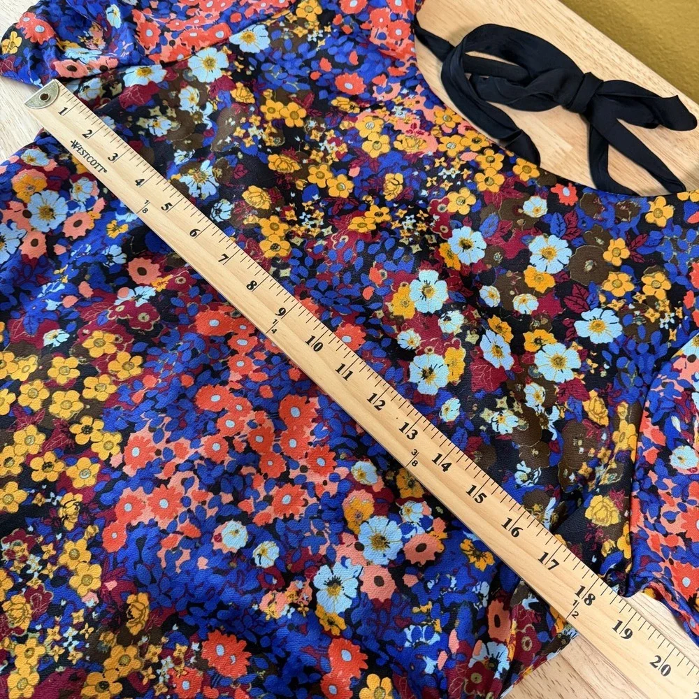 Anthropologie Ruffled Satin Mini Dress Size 14 Floral Tie Open Back Colorful - Picture 11 of 14